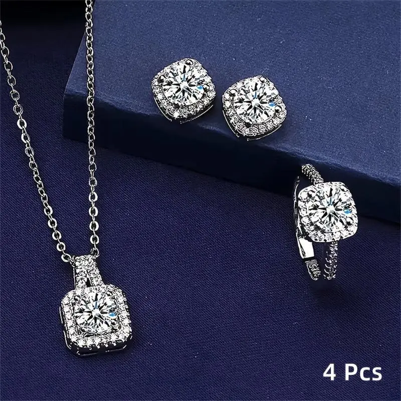 Unisex 4-Piece Titanium Alloy Jewelry Set - Engagement Rings, Sparkling Stones; Set Includes Rings, Necklace Pendant, Earrings with Cubic Zirconia for Romantic Weddings Fashion Accessory, Ceremony, Stylish Versatile Accessory, Romantic Accessories, Cubic