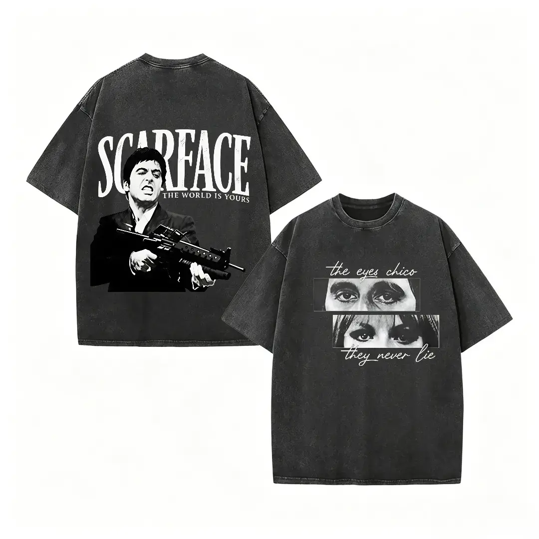 Dual Sided Vintage Washed Scarface Tony Montana Movie Graphic Tee Back to School Retro 90s Film Fan Gift Soft Cotton Oversized Unisex Crew Neck Short Sleeve Casual T-Shirt