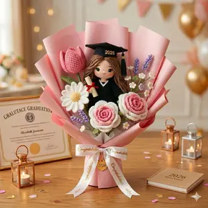 Crochet Graduation Bouquet with Custom Doll, Handmade Forever Flowers, Amigurumi Flower, Class of 2026 Keepsake Gift, Gift for Graduate