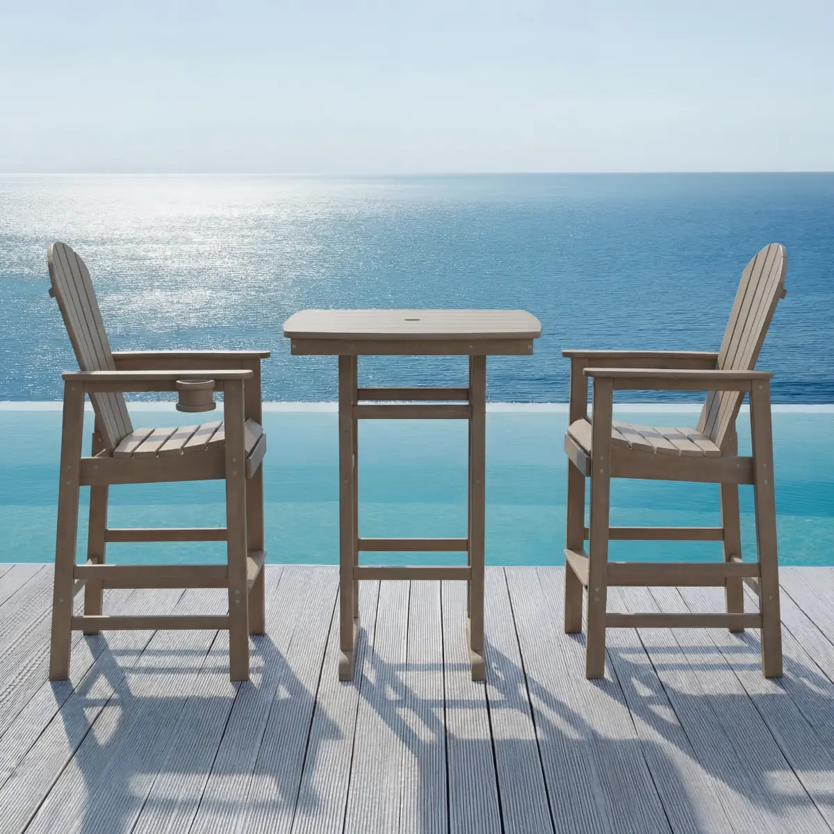 Commercial Restaurant 3-Piece HDPE Bar-Height Garden Bistro Set - Square Dining Table + 2 Wide Armrests Bar Chairs, Shabby Chic Driftwood All-Weather PE Waterproof Stable Wipe-Clean Set, Seats 2 People for Decks, Poolside (Antique Oak Finish)