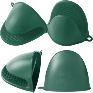 4-Piece Dark Green Silicone Oven Mitts, High-Temp Heatproof Food-Safe Anti-Slip Open Mouth Kitchen Gloves for Cooking, Baking