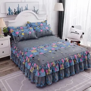 Modern Simple Dark Color Floral Print Bed Skirt Set, Soft Comfortable Dustproof Ruffle Bedding, Four-Season Large Bed Linen, Washable