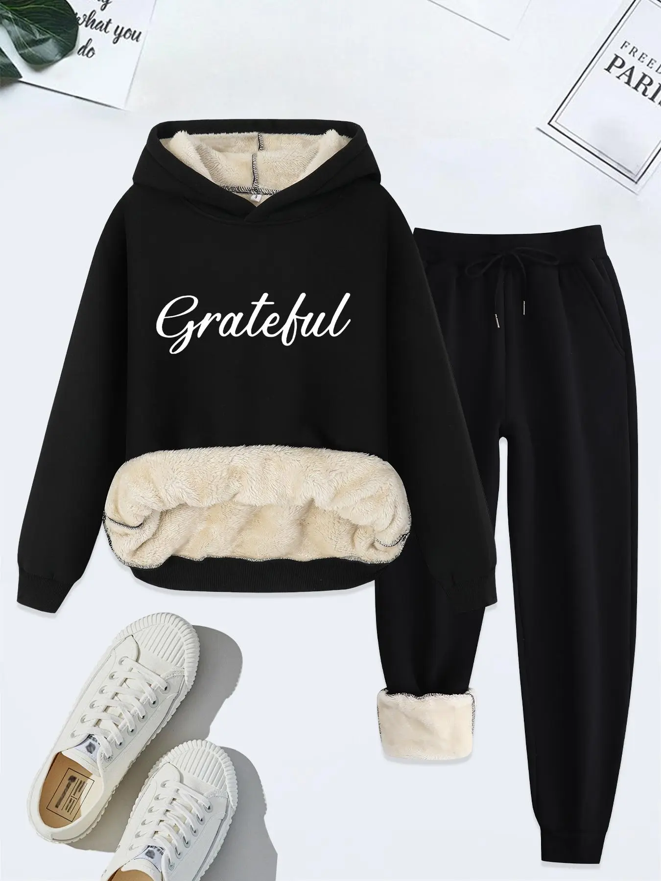 Women's Letter Print Thermal Lined Hoodie & Drawstring Waist Pants Two-piece Set, Casual Long Sleeve Hooded Sweatshirt & Pocket Trousers for Fall & Winter, Women's Clothes for Daily Wear, Basic