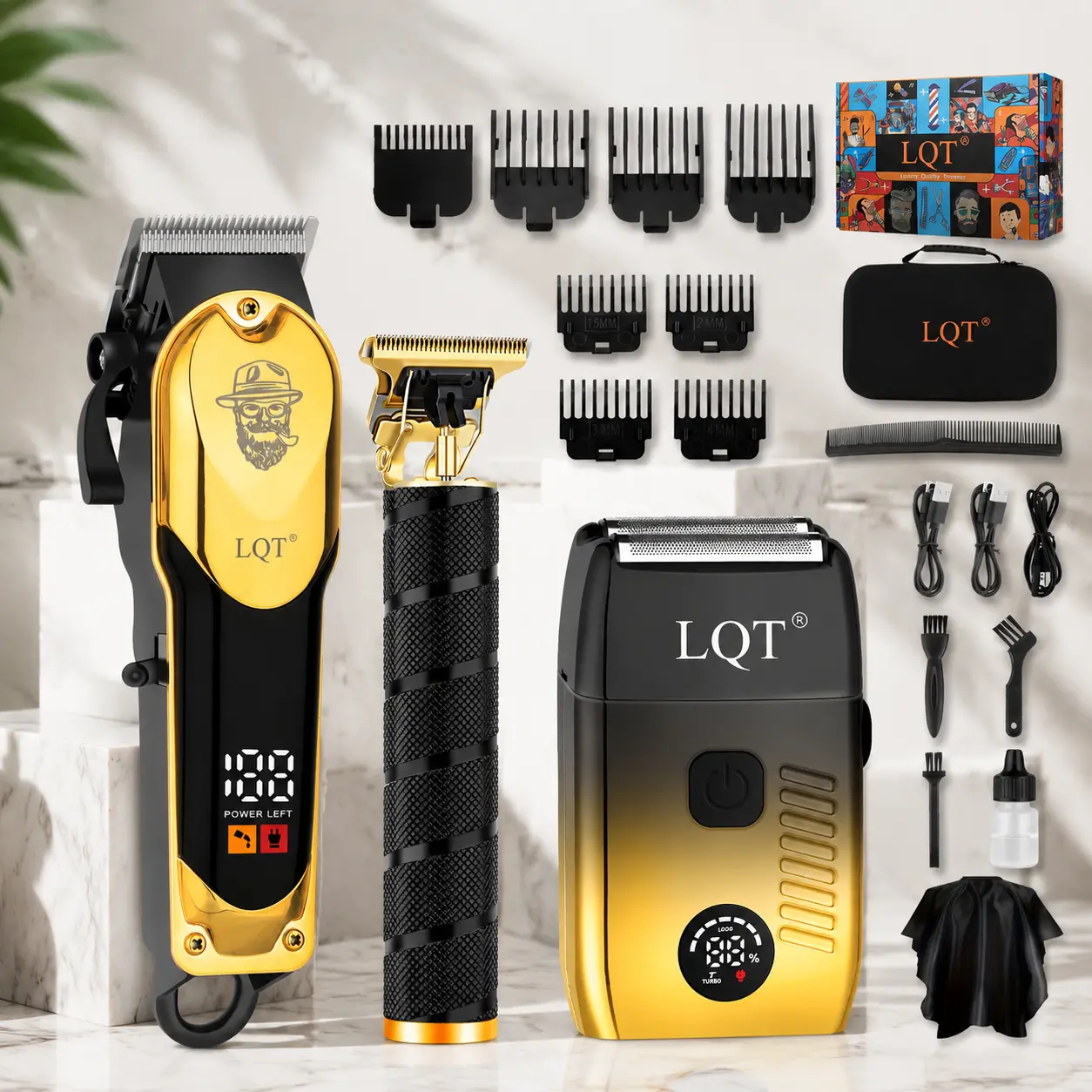 Black Gold Professional 3-in-1 Barber Kit, Cordless Hair Clipper, T-Blade Detail Trimmer, Foil Electric Shaver, Complete Mens Grooming Set, Rechargeable Quiet Motor No Hair Pulling, Salon Quality Home Hair Cutting Tool campingessentials