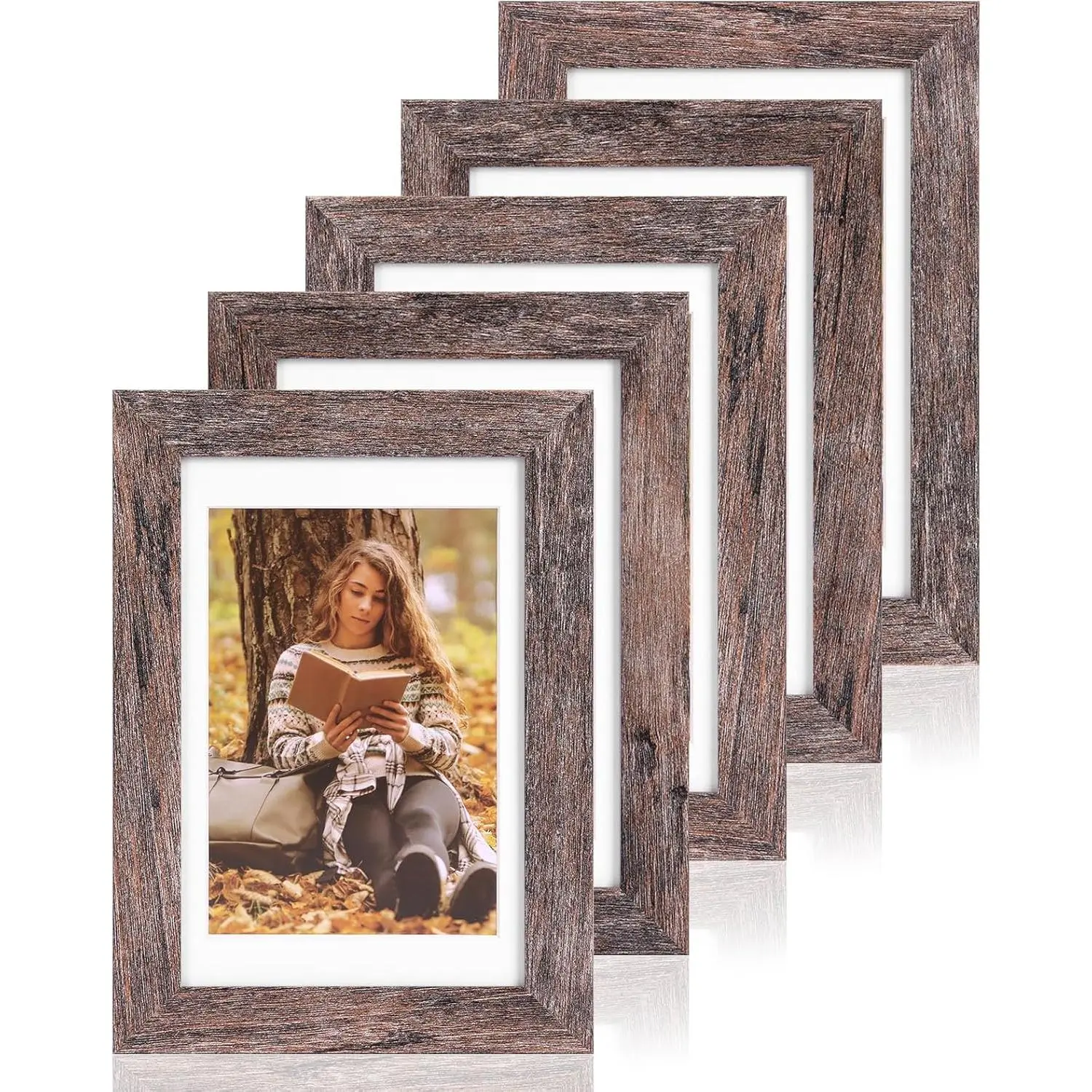 Fixwal 5-Pack Rustic Brown MDF Wood Grain 4x6 Picture Frames with Tempered Glass, Wall Hanging Room Accessories & Tabletop Display Frames for Gifting