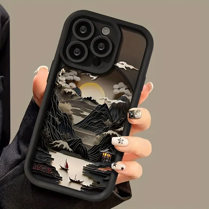 Unique Paper‑Cut Oriental Mountain River Scenery Phone Case for iPhone 18 17 16 15 14 13 12 Galaxy S26 S25 S24 S23 S22,Asian Vintage Nature Landscape Art Print Dark Bumper Shockproof Hard Cover,Cool Aesthetic Protective Phone Shell for Daily Use
