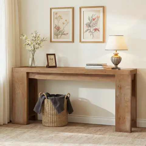 Spaco 70.9-Inch Rustic Wood Farmhouse Rectangular Console Table - 11.81" Slim Fit, Pedestal Legs, Natural Grain, Living Room Sofa Back Accent, Entryway Table, Assembly Required