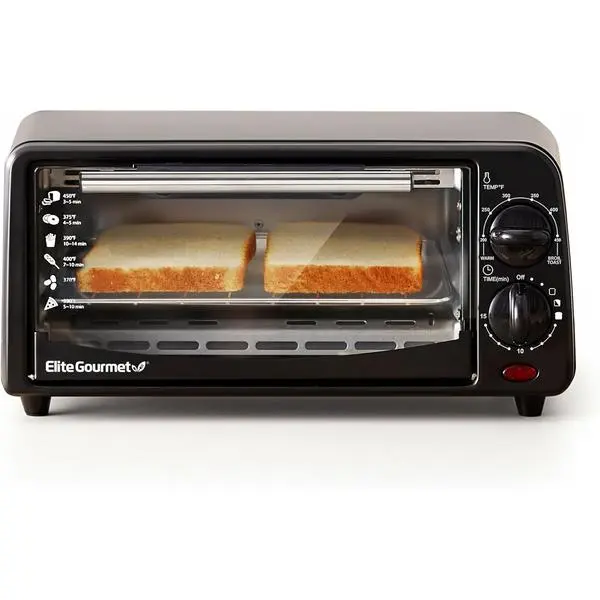 Elite Gourmet ETO236 Compact 2-Slice Toaster Oven, 15-Min Timer, Black | Bake, Broil, Toast & Adjustable Temperature, Countertop Design - fits small kitchens, dorms and RVs