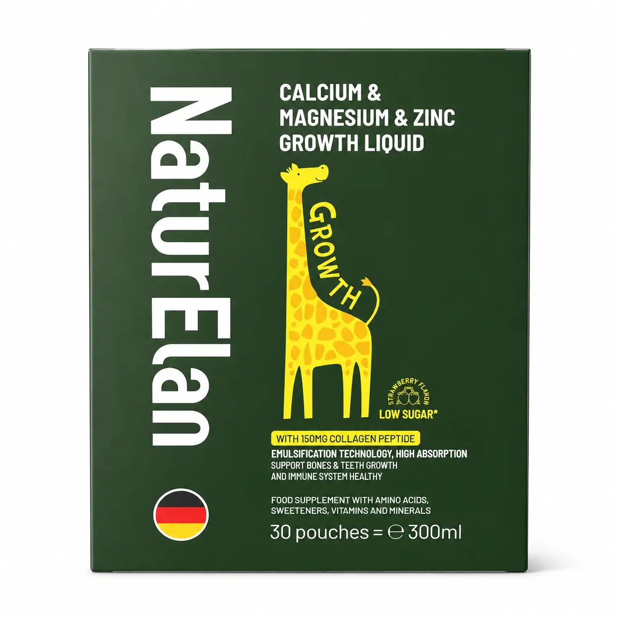 NaturElan Kids Growth Nutrition Liquid | Calcium, Magnesium, Zinc, Vitamin D3 + K2, Collagen Peptides, 30 Sachets