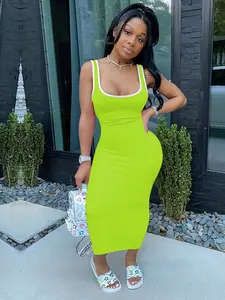 Women's Contrast Binding Square Neck Midi Tank Dress, Summer Clothes Women, Solid Color Sleeveless Bodycon Dress for Daily Outdoor Wear, Ladies Clothes for Summer