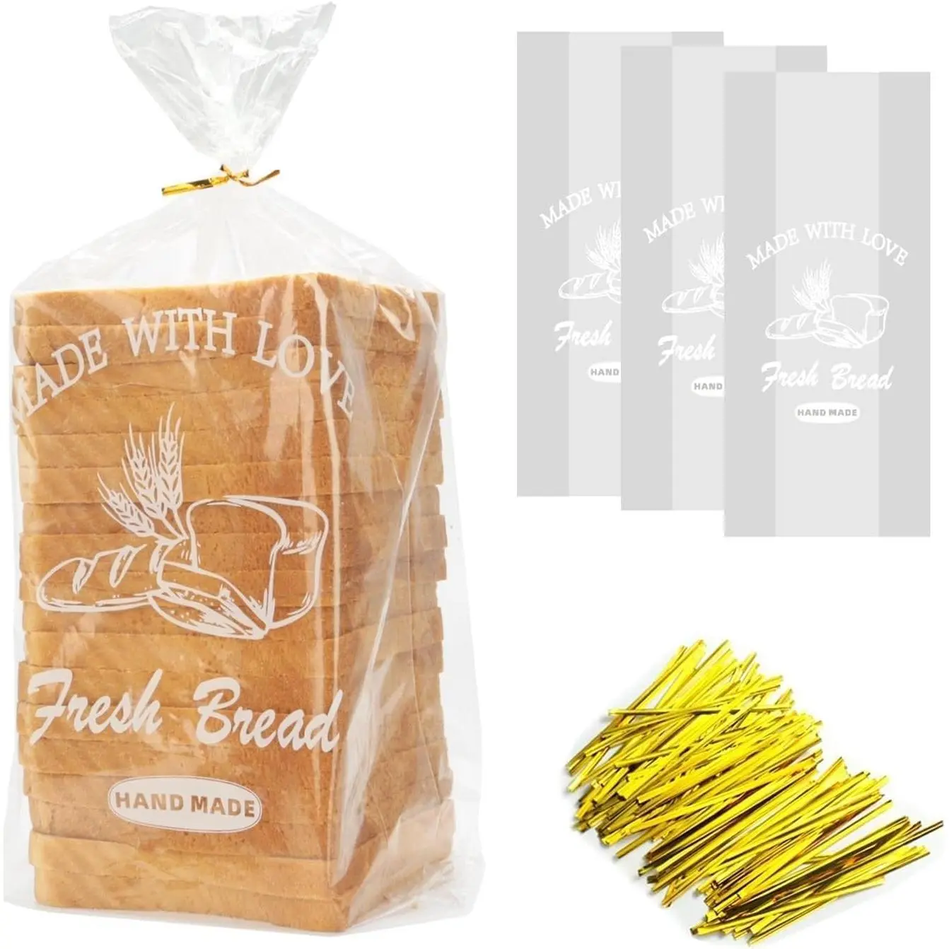Bread Loaf Packing Bags with Ties, Large Bakery Bread Plastic Bags, 8' x 4' x 18', 100 Pack,  Adjustable