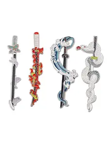 4 Piece Set Demon Slayer Weapons Enamel Pins Anime Japanese Sword Metal Metal Brooch Lapel Backpack Badge Fashion Jewelry Accessories Gift for Friends