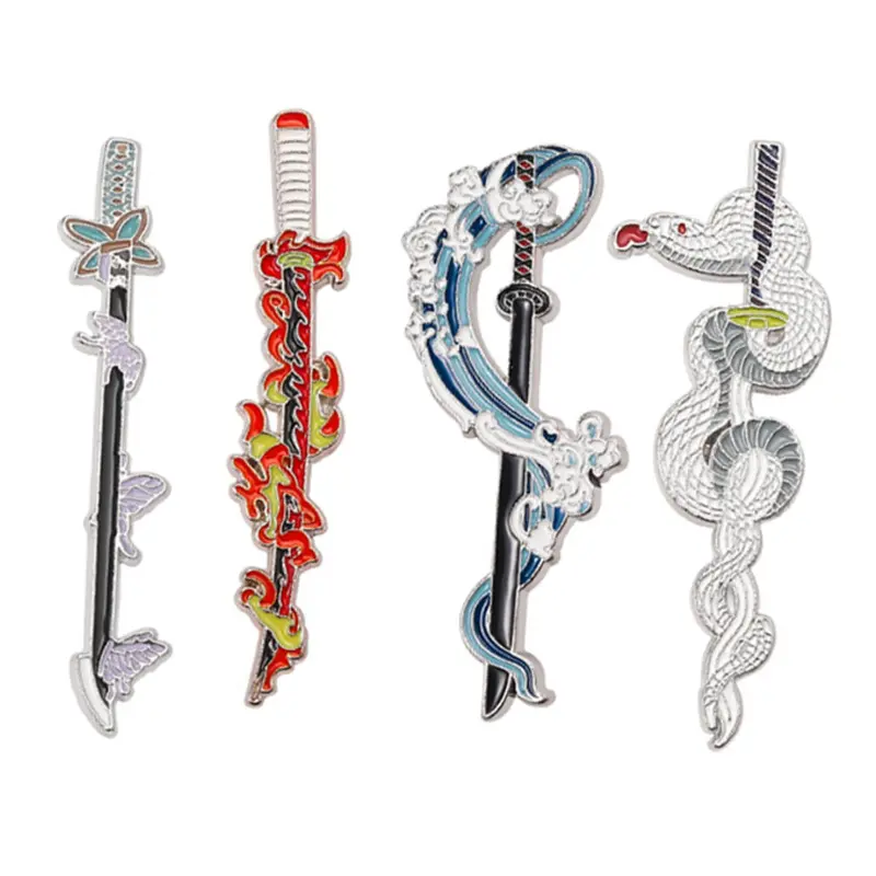 4 Piece Set Demon Slayer Weapons Enamel Pins Anime Japanese Sword Metal Metal Brooch Lapel Backpack Badge Fashion Jewelry Accessories Gift for Friends Brooch Pin Clip