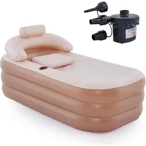 Inflatable Bathtub with Electric Air Pump and Bath Pillow Portable Foldable Freestanding Spa Tub Indoor Outdoor with Cover Cup Holder Brown