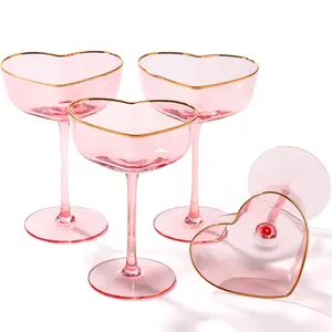 Pink Coupe Glasses Set of 4, Heart-Shaped Martini Glasses with Golden Rim,Sidecar Cocktail Glassware for Wedding, - 8oz Drinkware friend gift red wine