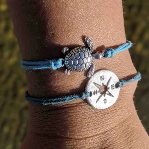 True North Turtle Bracelet – Nautical Blue Adjustable Cord with Compass & Sea Turtle Charms