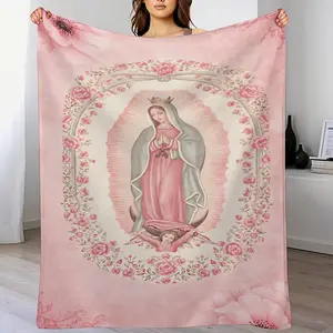 Pink Virgin Mary Printed Flannel Blanket, Soft and Warm Digital Print Suitable for Sofa, Bedding, Travel, Camping, Living Room, Office , All-Season , Perfect Gift for Friends, Family & Lovers