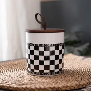 Fashion Checkered Ceramic Storage Jar, Vintage Chessboard Good Life, Wooden Lid with Handle, Moisture-Proof Seal, Kitchen & Vanity Decor