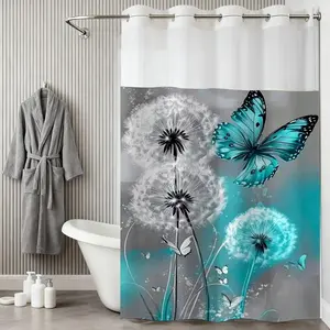 1/2 pcs hook free large loop double-layer  flower and butterfly themed shower curtain, buckle cloth lined shower curtain, transparent ceiling window, bird pattern waterproof double-layer shower curtain, including super absorbent pad, bathroom accessories