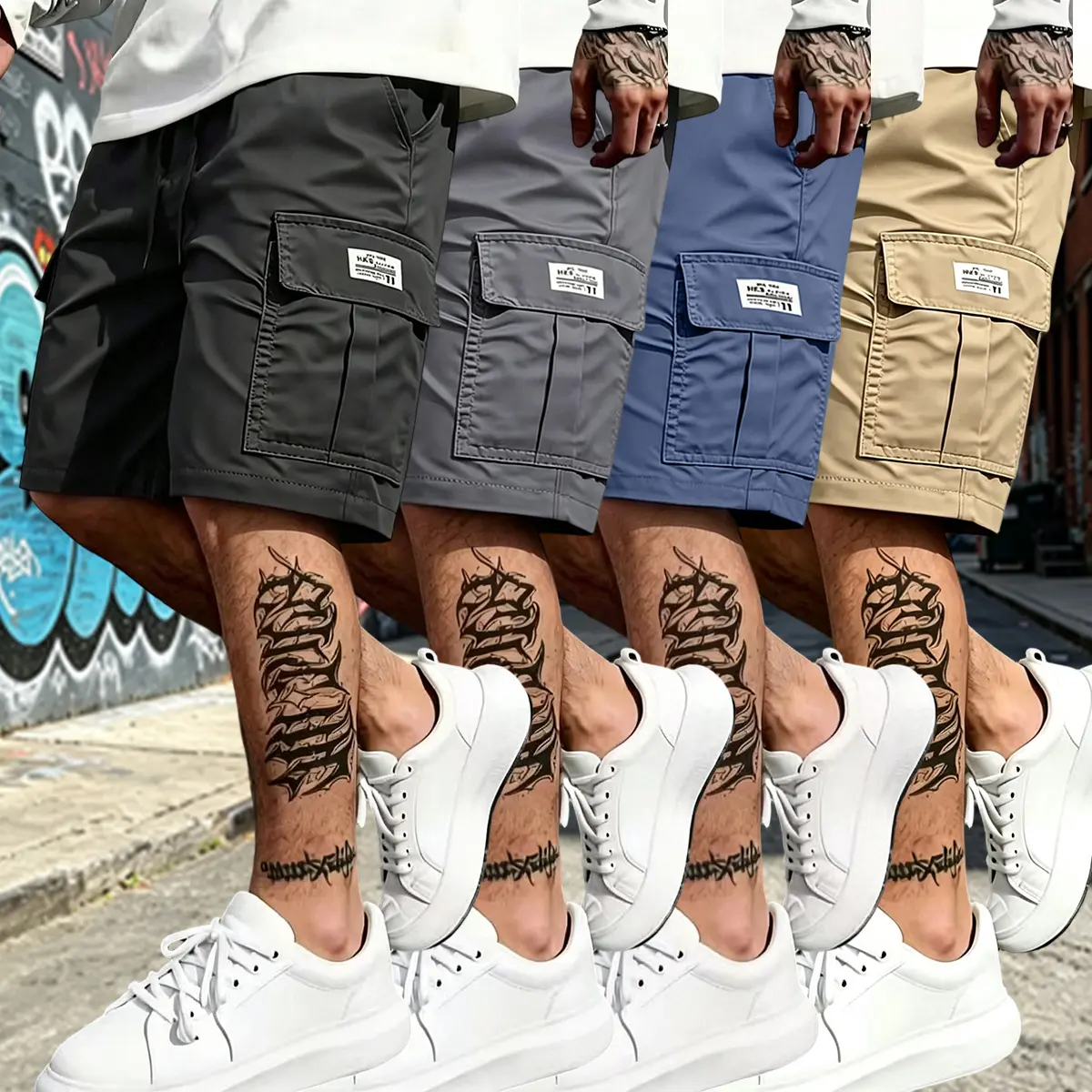 Set of 4 men’s cargo shorts — summer casual drawstring shorts with multiple pockets; multifunctional, suitable for everyday wear, the beach, and workouts.