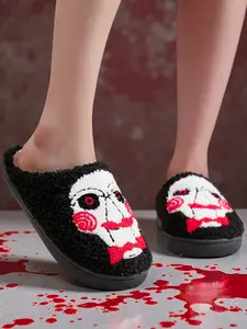 Movie Style Serial Killer Pattern Embroidered Halloween Slippers, Comfortable Soft Indoor Home Shoes for Men & Women, Perfect Gift