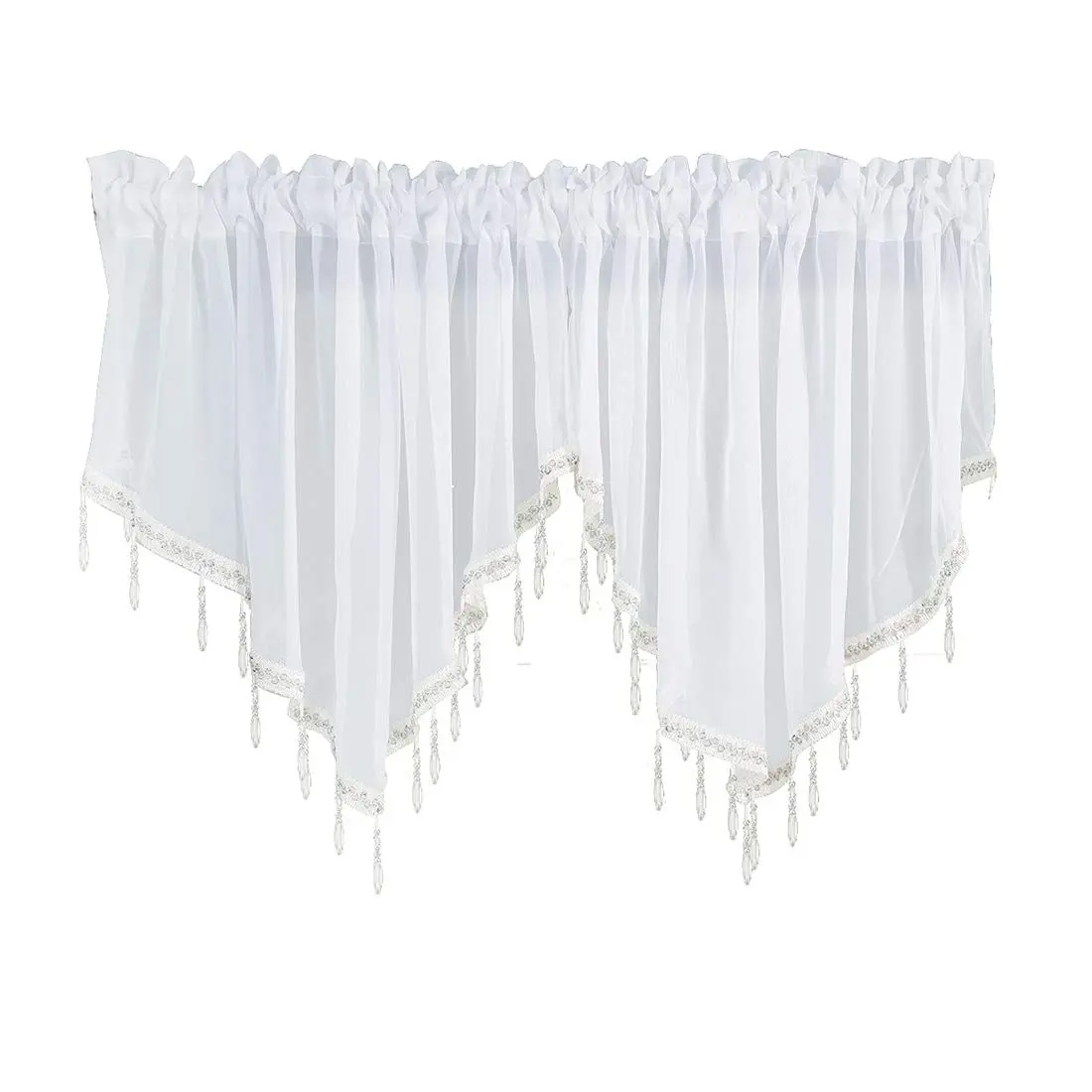 Sheer Solid Country Curtain Drapes Window Valances Beaded Ascot Rod Pocket Curtains For Small Garden Living Room Home Bedroom Kitchen Cafe Farmhouse  2 Panels White