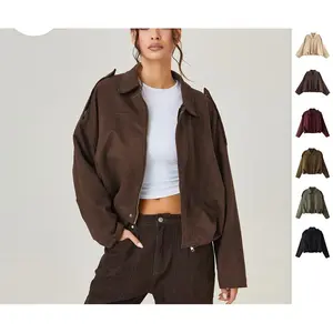 KatchMe Women's Vintage Solid Color Stand Collar Zipper Long Sleeve Coat Retro Elegance Loose Fit Soft Suede Lightweight Fabric for Casual Work Outdoor