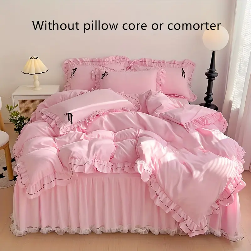 4-Piece Polyester Luxury Lace Trim Duvet Cover Set - All Season Bedding with Zip Closure, Fitted Sheet, Pillowcases, Bed Skirt - Hypoallergenic 3D Effect Linens for Bedroom Bedding Decor, 3D Effect Duvet Cover Sets, Soft Bedding Sets, Bed Set