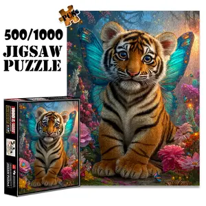 1pc 1000 piece adult puzzle 70x50cm Tiger Cub with Butterfly Wings in Floral Fantasy Scene 500 pieces of paper jigsaw puzzle, suitable for adults and families, large-scale DIY puzzle interactive to