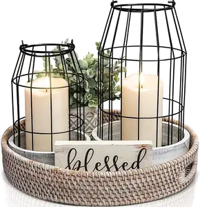 Rustic Farmhouse Lantern Decor Set of 2 - Stylish Decorative Lanterns for Your Living Room, Fireplace Mantle or Kitchen Dining Table