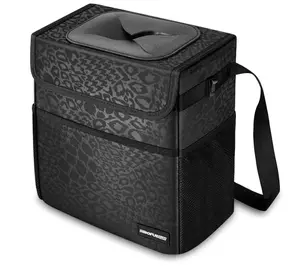 Flag Day Deal: Cute Black Leopard Car Trash Can with Lid – 2 Gallon Leak-Proof Waterproof Garbage Bin & Organizer – Collapsible Travel Bag with Storage Pockets & Adjustable Straps