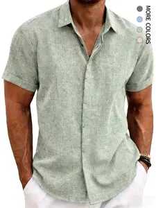 Men's Business Casual Button Front Short Sleeve Plain Shirt, Breathable Linen Fabric, Hidden Buttons, Summer Beach Vacation Wear Top