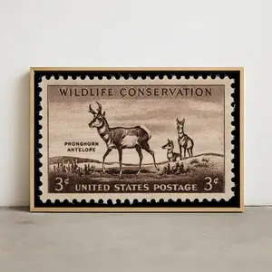 Pronghorn Antelope Stamp Poster 1956, Vintage US Postage Wildlife Art, Nature Conservation Wall Decor