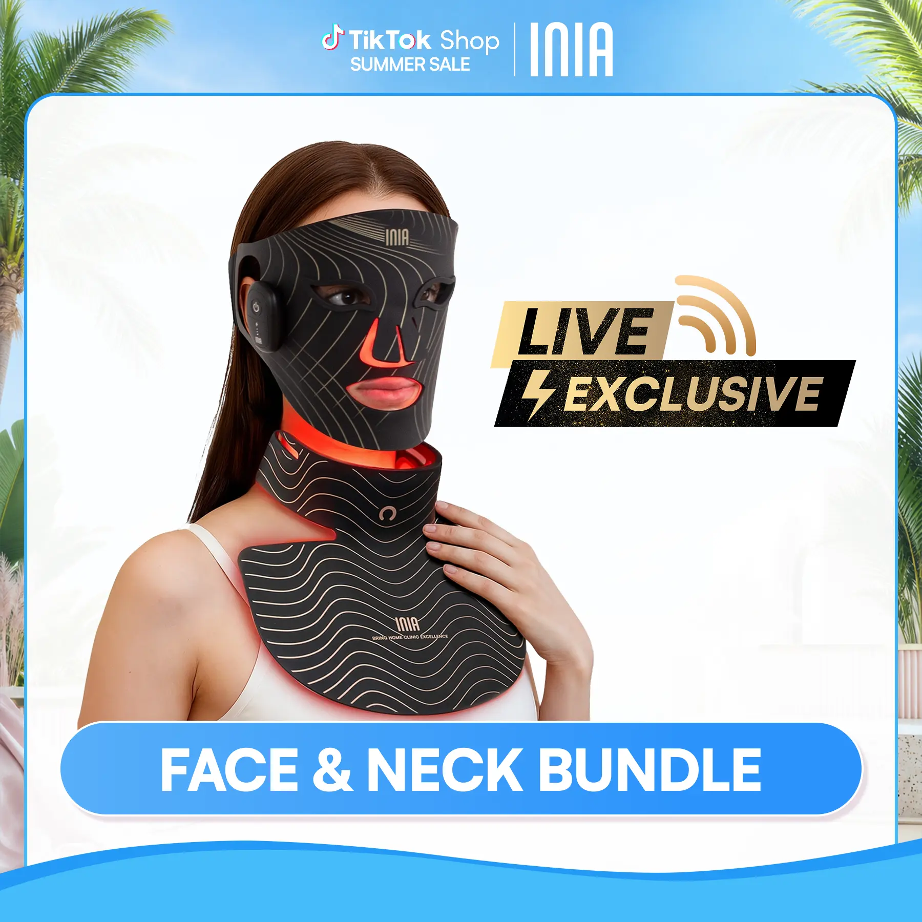 【LIVE EXCLUSIVE】INIA GLOW Wireless Red Light Face & Neck & Chest Mask Bundle – 630nm & 850nm Red Light Therapy Mask Devices | Skincare Set for Lifting, Firming & Radiant Glow at Home, Rechargeable & Portable with 2-Year Warranty
