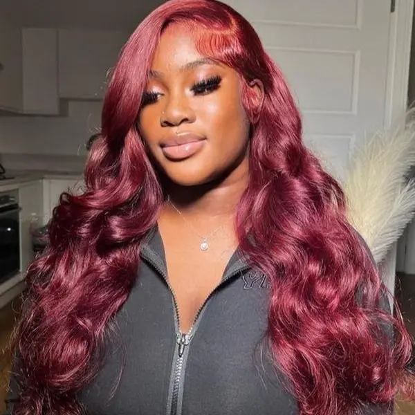 MYLOCKME 99j Burgundy 30 32 Inch Body Wave Human Hair Wig 13x6 HD Lace Frontal 180 Density Pre Plucked Human Hair Adjustable Breathable Wig