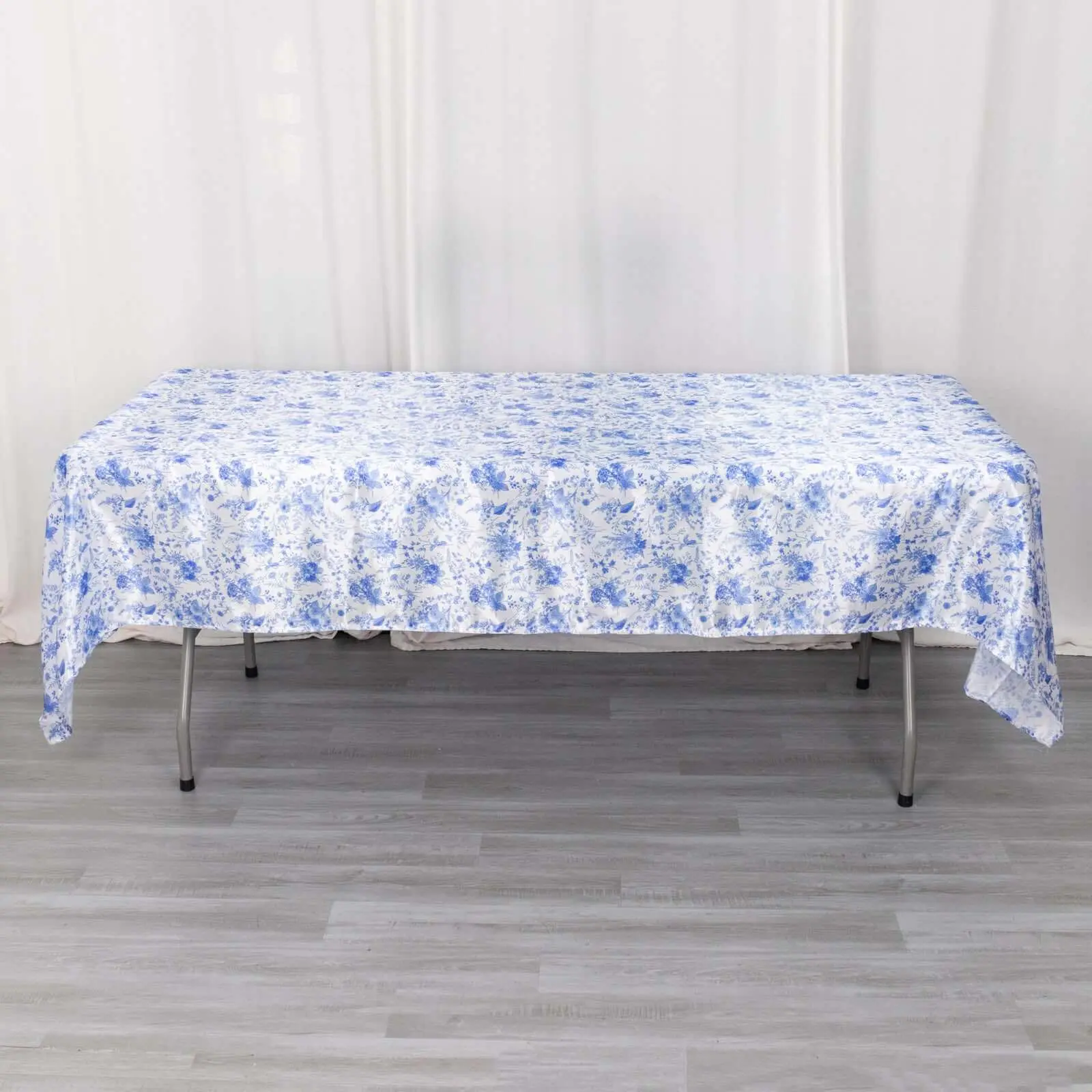 White-Blue French Toile Satin Rectangular Tablecloth (60"x102") - Reusable, Polished, Wrinkle-Free, Machine Washable Outdoor Wedding Table Cover for Outdoor Tables