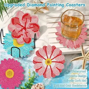 8 Piece Floral Diamond Painting Coaster Set, 5D Adult Beginner DIY Kit, Non-Slip Cork Base, Home Decor, Includes Coaster Rack