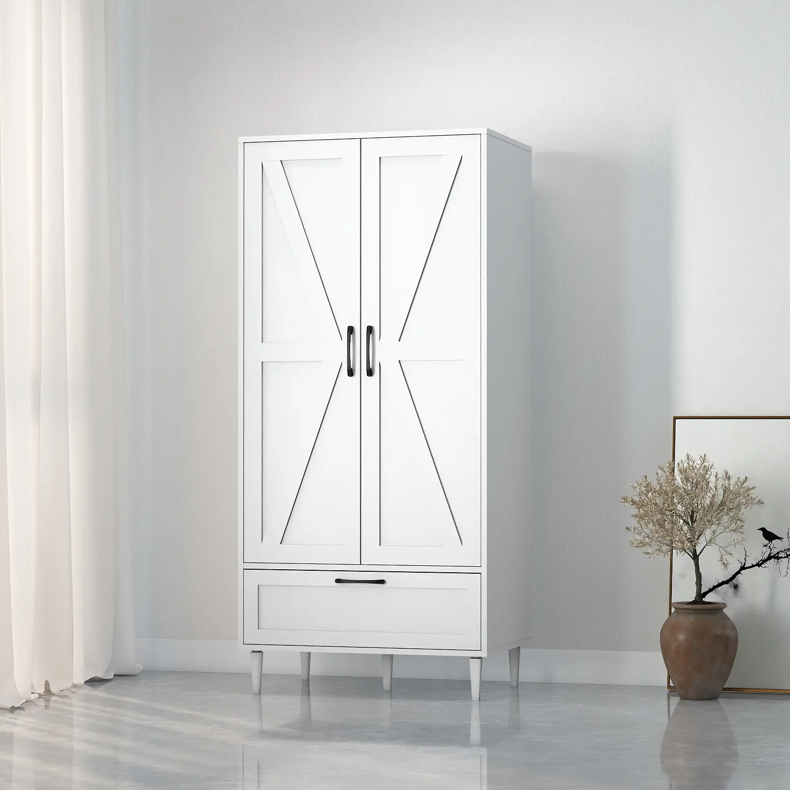 60" Height Freestanding Wood ClosetSystem with 2 Doors and 1 Drawer,Hanging Rods,For Bedroom ,Closet,Living Room White,Black  Modern Armoire Wardrobe Clothes Organizer Cabinet