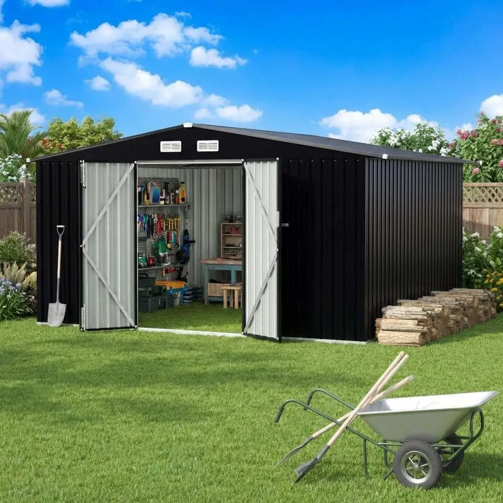 GAOMON 8x10 FT Steel Garden Shed, Outdoor Metal Utility Building with Lockable Door, Weatherproof Structure, Air Vent for Backyard, Patio