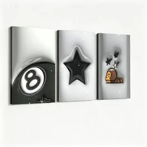 3pc-Hypebeast Wall Art, Black Star and 8 Ball Poster, Street Pop Art Printing, White and Black Canvas Material Decoration, Living Room & Bedroom Aesthetic, Perfect Gift For Billiards Lovers, Unframed.