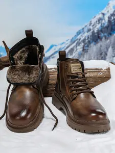 Men's Fashion Side Zip Boots, Warm Cotton Lining, Rubber Sole, Durable Leather, Casual Wide Fit, Ideal for Work and Outdoor Activities, Winter Boots