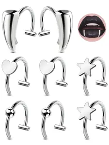 8PCS Fake Lip Ring, 316L Surgical Steel Fake Lip Piercing Vampire Teeth Ring Kit, Adjustable Lip Ear Nose Non-Piercing kit Fake Nose Piercing Jewelry For Women Men