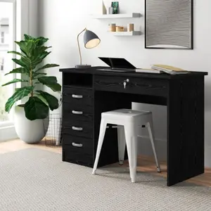 Wade Logan Bertjan Writing Desk - Clean-Lined Design with Neutral Finish, Rectangular Top, Five Drawer Set, and Lockable Storage Option