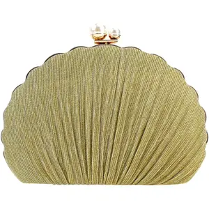 Women Mini Seashell Evening Bag Clutch Handbag Chain Strap -  Bag,Pleated Golden