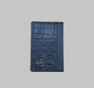Mint Dark Navy Croc Embossed Leather Card Holder Slim Credit Card Wallet