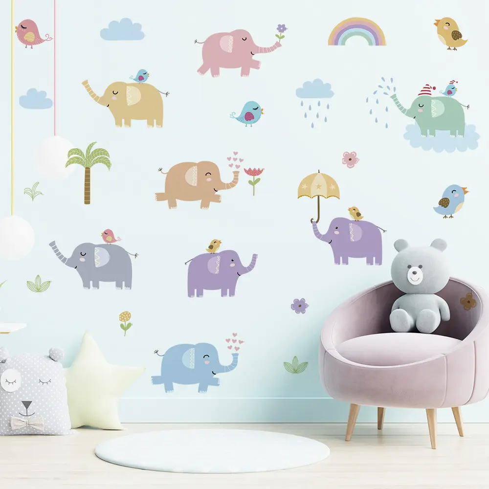 Cartoon Elephant Wall Stickers, 1 Sheet Peel and Stick Removable Wall Decors, Animal Pattern Wall Decorative Stickers for Daycare, Kid's Room, Nursery, Baby Room, Bedroom, Playroom