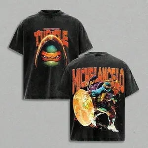 Retro Washed Black Oversized T-Shirt, Teenage Mutant Ninja Turtles Michelangelo Graphic Print, Casual Short Sleeve, Unisex Streetwear for Men & Women, Loose Fit for Outdoor & Daily Wear