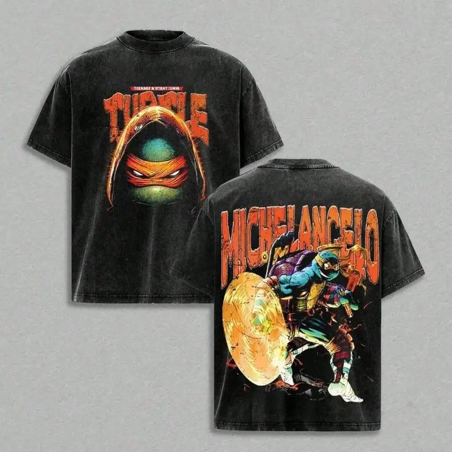 Retro Washed Black Oversized T-Shirt, Teenage Mutant Ninja Turtles Michelangelo Graphic Print, Casual Short Sleeve, Unisex Streetwear for Men & Women, Loose Fit for Outdoor & Daily Wear
