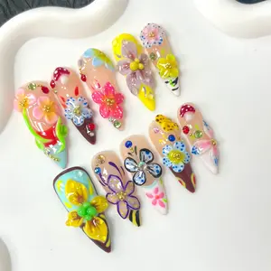 10pcs Almond Shape Handmade Press On Nails, Decorative Nails, 3D Floral Design, French Style, Y2K Trend, Perfect for Daily Wear & Parties, Ideal Gift for Women