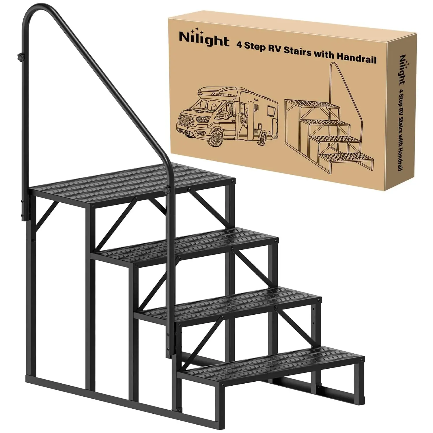 Nilight 4 Steps RV Stairs with Handrail, Iron, Four Steps